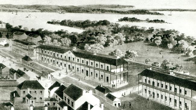 This 1850s sketch shows The Rum Hospital ... officially called the Sydney Infirmary it was later known as the Sydney Hospital. Pictured is the original centre wing (later demolished) along with the north wing, now State Parliament, and the south wing, now the Sydney Mint building. Picture: Sydney Hospital.