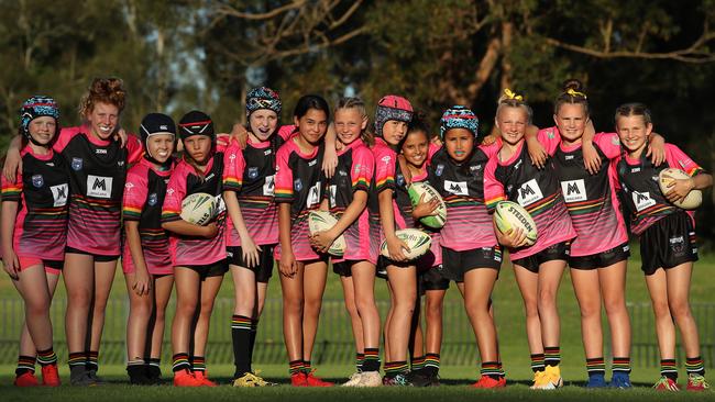 The Berkeley Vale under-11s all-girls rugby league team. From left: Leylah Bridge, Keira Bof, Taleah Curtis, Tayla Campbell, Halle Bennett, Ariana Surya, Laila Davies, Charli Hardgrave, Aiecha Phoenix, Tianah Vaenuku, Abbie Eagleton, Rylee Cash and Sienne Kennedy-Wilke. Picture: David Swift