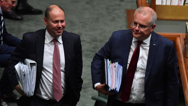 Josh Frydenberg and Scott Morrison in the House of Representatives. Picture: Getty Images.