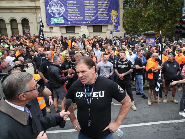 John Setka, the Victorian CFMEU’s controversial leader, speaks during a rally in the city. Picture: David Crosling