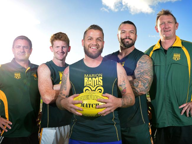 Marion Football Club B-grade coach Mark Anderson with newly signed players  Angus Robertson, Marc Old & Jason McBride and A-grad coach Ben Porter at their Sturt home ground. The players were signed on ahead of the Southern Football League season that starts in April. picture: Bianca De Marchi