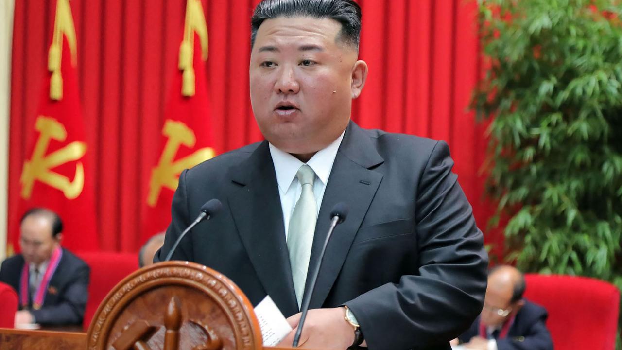 North Korean leader Kim Jong-un, pictured delivering a speech at the Central Academy of the Workers' Party of Korea in Pyongyang. Picture: KCNA via KNS/AFP