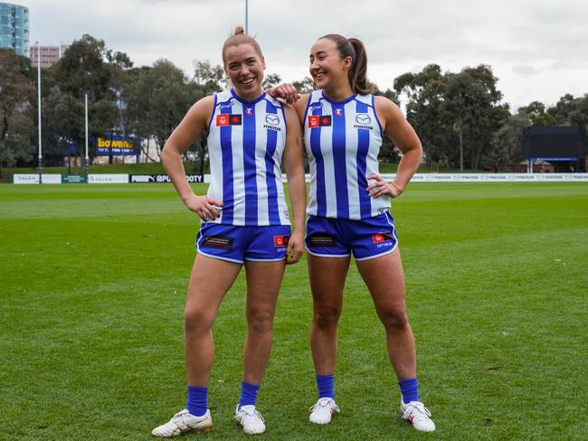 Tasmanians Mia King and Nicole Bresnehan will play their 50th AFLW games with North Melbourne this weekend. Picture: Nathan John/NMFC