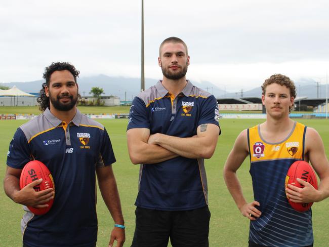 Mugzy Mooka, Tom Norbury and Josh Welsford have all signed for the Manunda Hawks ahead of the 2025 season. Picture: Jake Garland