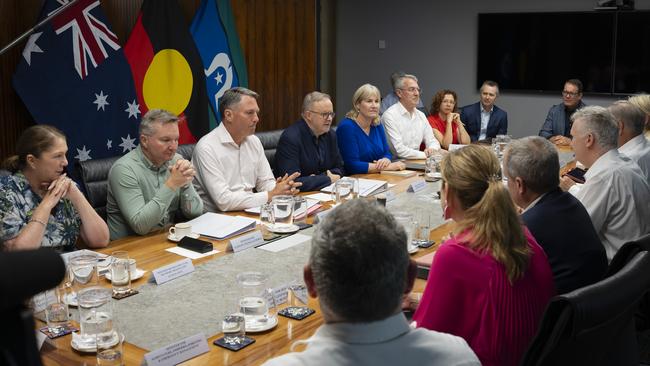 L to R: Minister for Infrastructure, Transport, Regional Development and Local Government Catherine King, Minister for Climate Change and Energy Chris Bowen, Deputy Prime Minister Richard Marles, Prime Minister Anthony Albanese and Chief Minister Eva Lawler at Federal Cabinet in Darwin on March 13, 2024.