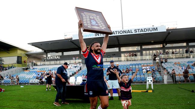 Nambucca captain Tyrone Roberts-Davis celebrating with the shield. Picture: Leigh Jensen