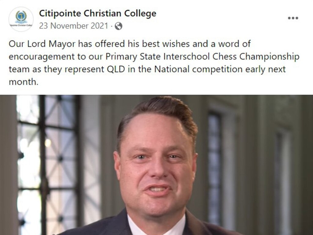 Lord Mayor Adrian Schrinner appears in a video supporting Citipointe Christian College students in November 2021.