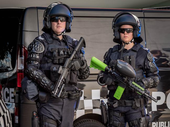 Victoria Police Media OpportunityCrowd control new equipment - some equipment on display.  Public Order Response officers with new non lethal weapons including a 40mm launcher and a high-powered VKS Pepperball rifle. Picture: Jake Nowakowski