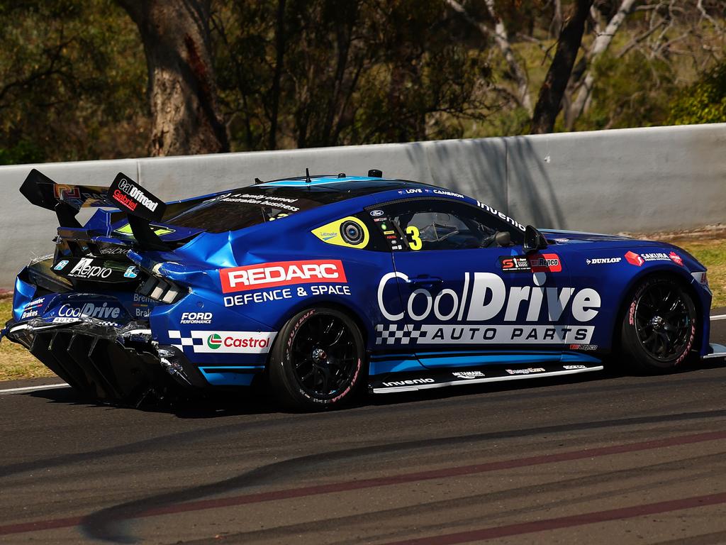 Aaron Love drives the damaged Blanchard Racing Team Ford Mustang during practice. Picture: Getty Images