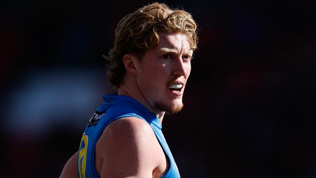 SYDNEY, AUSTRALIA - JULY 20: Matt Rowell of the Suns looks on during the 2024 AFL Round 19 match between the GWS GIANTS and the Gold Coast Suns at ENGIE Stadium on July 20, 2024 in Sydney, Australia. (Photo by Dylan Burns/AFL Photos via Getty Images)