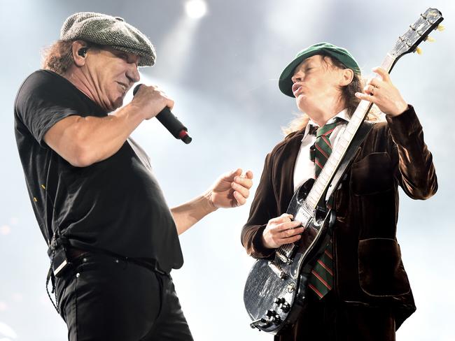 Singer Brian Johnson, pictured with guitarist Angus Young of AC/DC has had to withdraw from the band due to hearing problems. Picture: Kevin Winter / Getty