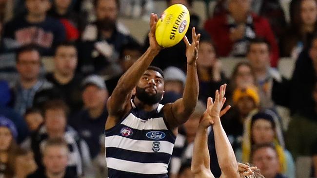 Esava Ratugolea soars above a pack during Geelong’s semi-final win over West Coast. Picture: Michael Willson/AFL Photos via Getty Images.