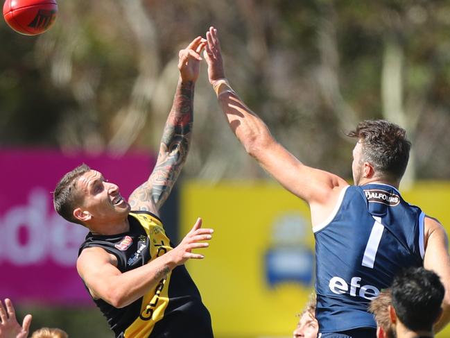 30.3.2018.SANFL. South vs Glenelg at Hickinbotham Oval, Noarlunga. Jesse White and Keegan Brooksby go up for the ruck.  PIC:TAIT SCHMAAL.