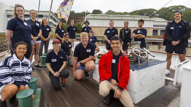 Young crew members on board Sail Training Ship Young Endeavour before departure from HMAS Waterhen, Sydney, NSW.