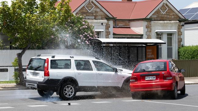 The cars’ spectacular collision on Port Rd in Alberton was planned as part of a road safety campaign organised by the SA State Government. Picture: NCA NewsWire / Morgan Sette