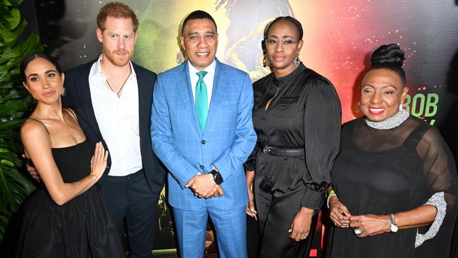 Meghan, Duchess of Sussex, Prince Harry, Duke of Sussex, Andrew Holness, Juliet Holness and Olivia Grange. Picture: Getty Images for Paramount Pictures