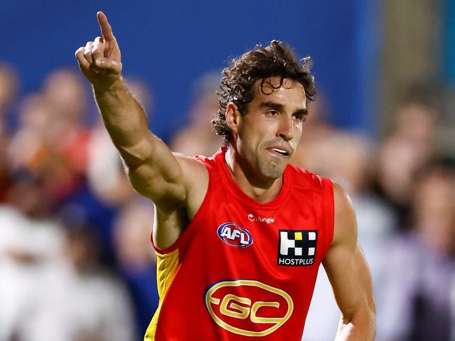 ADELAIDE, AUSTRALIA - APRIL 14: Ben King of the Suns celebrates a goal during the 2023 AFL Round 05 match between the Fremantle Dockers and the Gold Coast Suns at Norwood Oval on April 14, 2023 in Adelaide, Australia. (Photo by Michael Willson/AFL Photos via Getty Images)