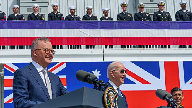 Anthony Albanese, Joe Biden and Rishi Sunak hold a press conference after a trilateral meeting during the AUKUS summit on March 13, 2023 in San Diego.