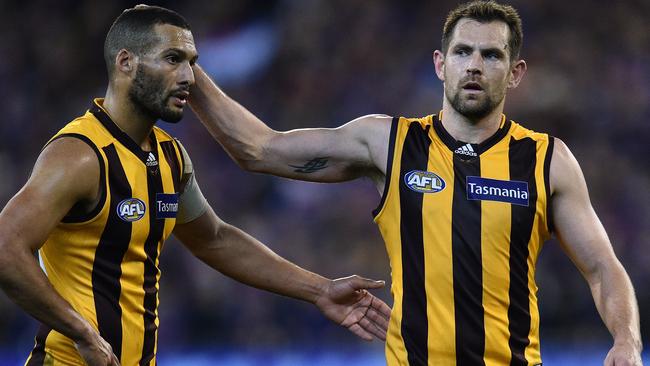 Josh Gibson and Luke Hodge following Hawthorn’s loss to the Bulldogs.