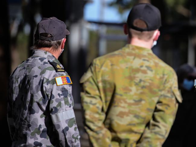 SYDNEY, AUSTRALIA - NewsWire Photos, SEPTEMBER, 06 2021:  Australian Defence Force Personnel patrol the Covid-19 Vaccination hub at Olympic Park as the education sector is subject to a "vaccination blitz" in Sydney. Picture: NCA NewsWire / Gaye Gerard