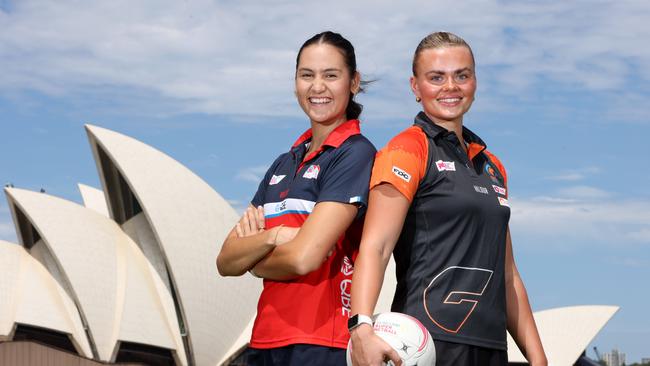 Sophie Fawns (NSW Swifts) and Matilda McDonell (Giants) at the launch of the Super Netball pre-season tournament, the Team Girls Cup. Picture: Damian Shaw