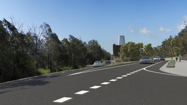 An artist's impression of the upgraded Wakehurst Parkway at Seaforth, as part of Beaches Link, showing the exhaust extraction stacks. Picture: Transport for NSW