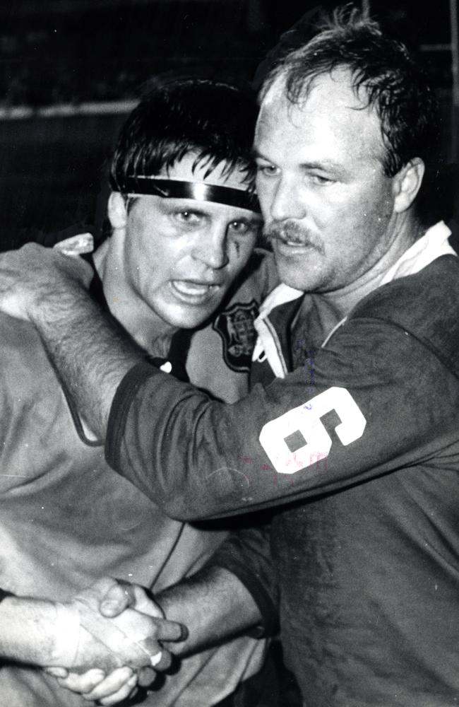 Wally Lewis and NSW’s Wayne Pearce after a 1986 Origin clash.