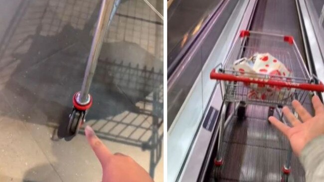 Supermarket trolleys also have a trolley brake that locks on travelators. Picture: TikTok/@pnuks.