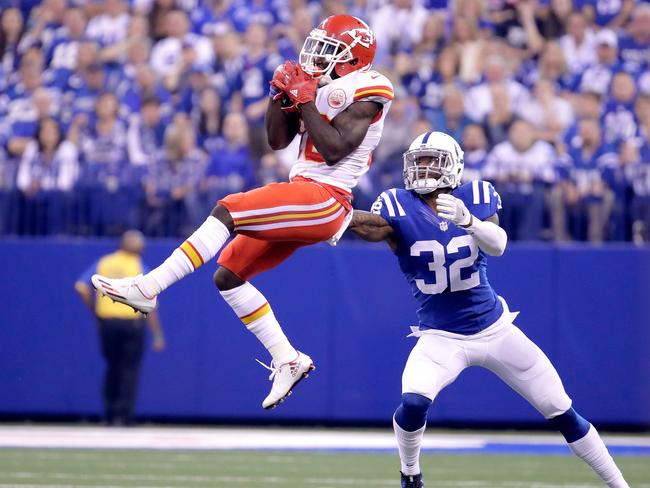 Tyreek Hill #10 of the Kansas City Chiefs catches a pass.