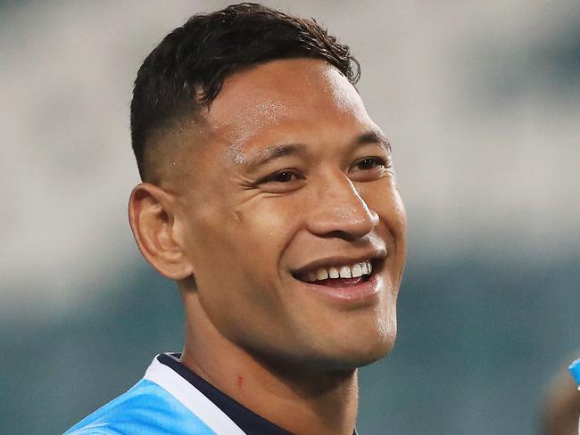 SYDNEY, AUSTRALIA - MAY 19: Israel Folau of the Waratahs smiles after the Waratahs win during the round 14 Super Rugby match between the Waratahs and the Highlanders at Allianz Stadium on May 19, 2018 in Sydney, Australia.  (Photo by Mark Evans/Getty Images)