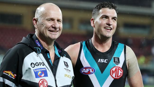 Port Adelaide coach Ken Hinkley with Tom Rockliff after the Power’s win against Essendon at Adelaide Oval. Picture: Sarah Reed