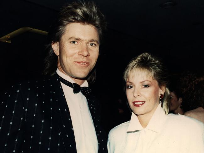 Hayes with Nine stablemate Richard Wilkins at the Sydney premiere of the film Crocodile Dundee in 1988, Picture: Supplied