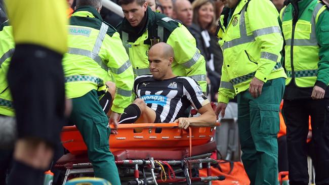 Newcastle United's French midfielder Gabriel Obertan is carried away.