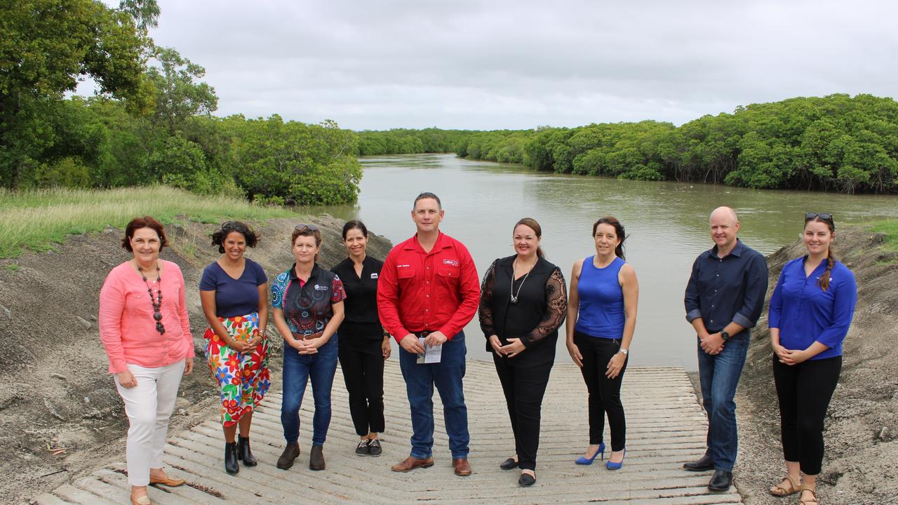 (From left to right) Mackay MP Julieanne Gilbert, Reef Catchments co-ordinator Kira Andrews, Healthy Land and Water's Rachael Nasplezes, Mackay Regional Council principal engineer Robyn Birkett, Dawson Labor candidate Shane Hamilton, Labor Senate candidate Edwina Andrew, Councillor Belinda Hassan, Reef Catchments project manager Bernie Cockayne and Reef Catchments waterways project officer Emily Barber at McCreadys Creek on April 29. Picture: Contributed