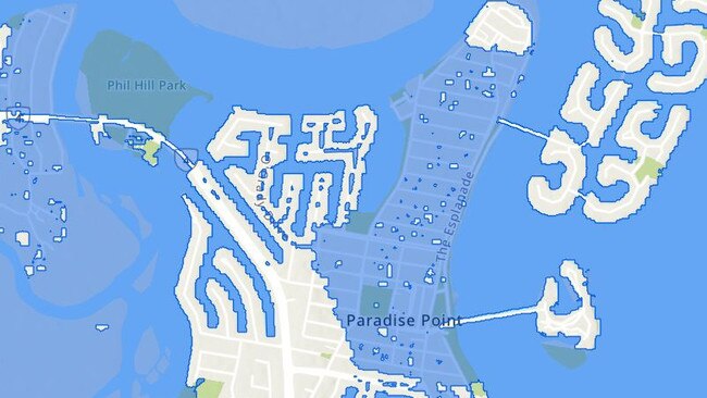 Gold Coast Council mapping showing projected flood levels from Cyclone Alfred. Paradise Point. Sovereign and Ephraim Islands