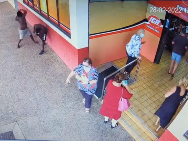 IGA CCTV shows four men brawling outside of the Fannie Bay IGA on Monday afternoon. Picture: Facebook.