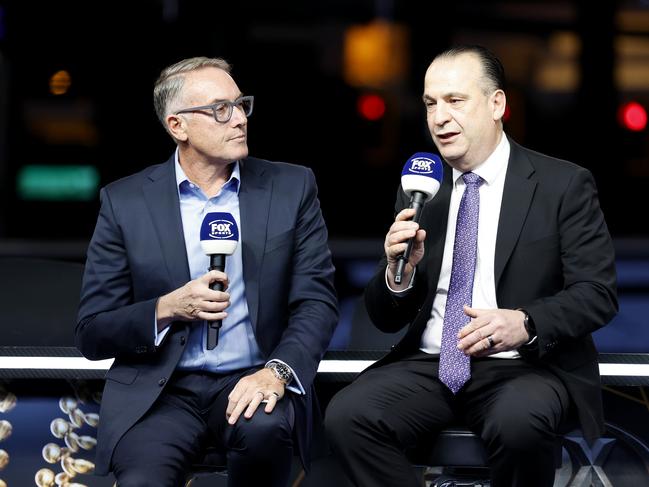 Patrick Delany (left), CEO of Foxtel Group, talks with Chairman of the Australian Rugby League Commission Peter V'landys. Picture: Getty Images