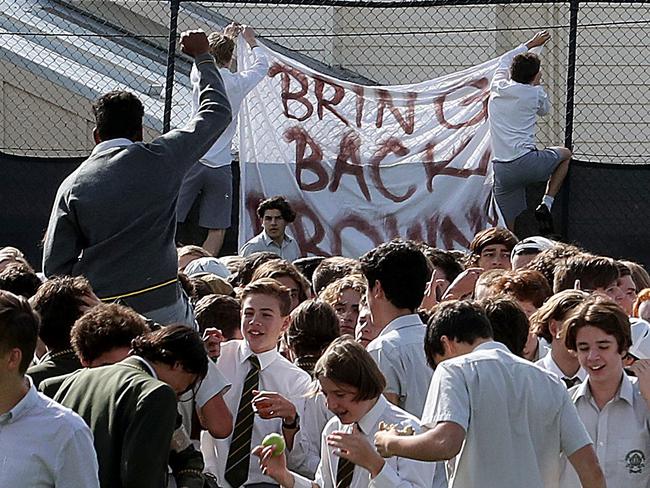 Students protest over Mr Brown’s sacking. Picture David Geraghty