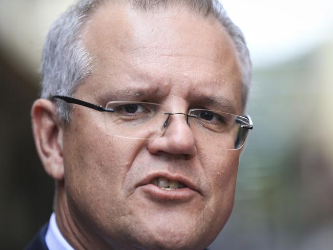 Prime Minister Scott Morrison addresses media as he visits Albury, New South Wales. Picture: Dylan Robinson