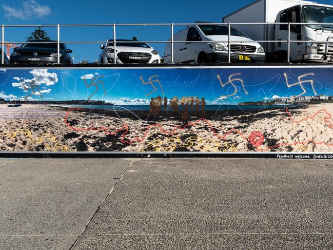 Swastika symbol spraypainted over some of the artwork on Bondi Beach Graffiti Wall pictured Sunday morning February 10 2019Image / Monique Harmer