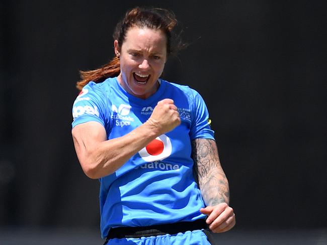 Sarah Coyte roars after claiming the wicket of Perth’s Chloe Piparo Picture: AAP