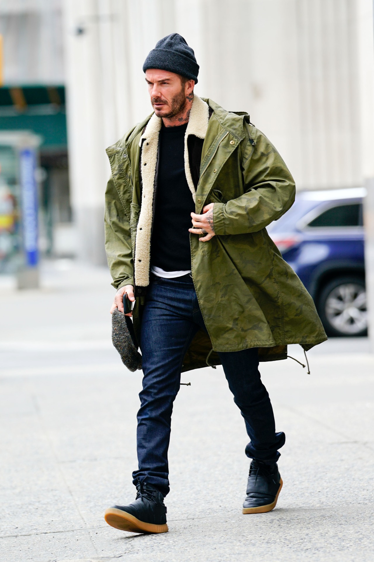 <h2>2018</h2><p>&nbsp;</p><p>Slouchy beanie, shearling jacket, fishtail parka, this was the ultimate menswear look of its time, and looked effortless again on Beckham.&nbsp;</p>