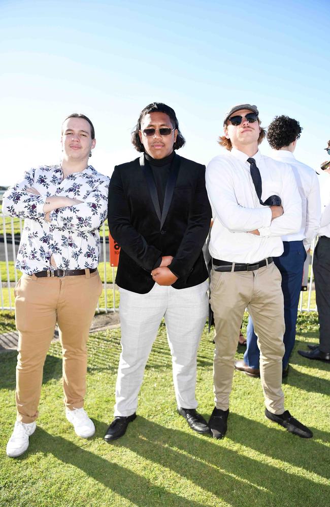 Cameron McGuiness, Darvei Rota and Izach Kelly at Ladies Oaks Day, Caloundra. Picture: Patrick Woods.