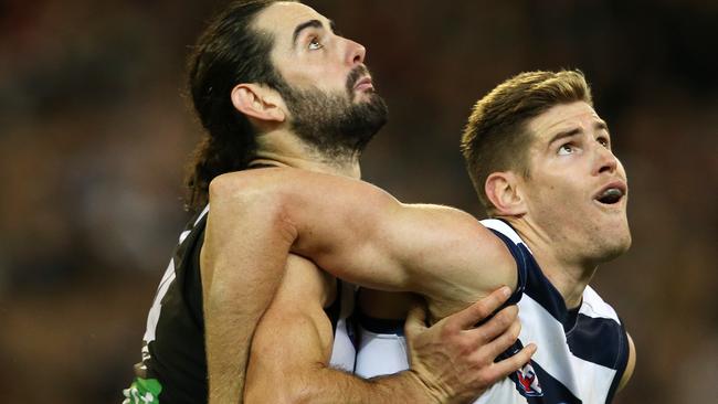 Zac Smith and Collingwood's Brodie Grundy do battle. Picture: Michael Klein