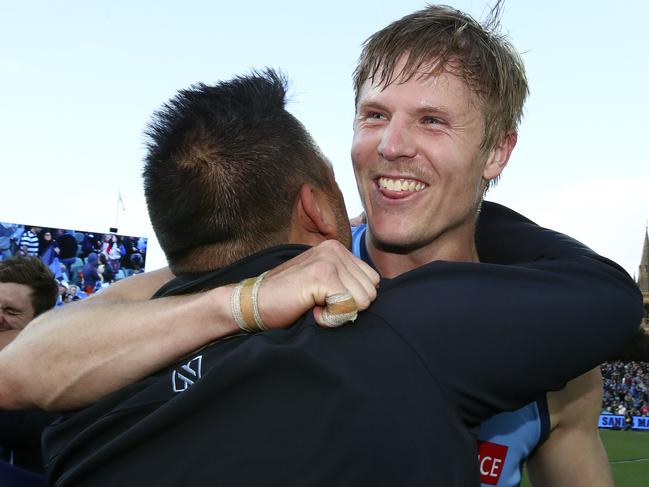 Kory Beard celebrates a premiership with Sturt. Picture: Sarah Reed