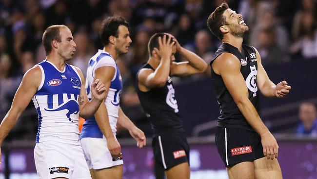 Levi Casboult laments a missed shot during Carlton’s loss to North Melbourne. Picture: Michael Dodge/Getty Images. 