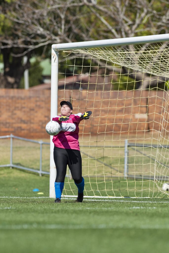 Rockville keeper Emily Montgomery saves a shot from Willowburn in Toowoomba Football League Premier Women grand final at Clive Berghofer Stadium, Sunday, September 9, 2018. Picture: Kevin Farmer