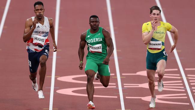 Zharnel Hughes, Enoch Adegoke and Rohan Browning in the 100m semi-finals. Picture: Getty Images