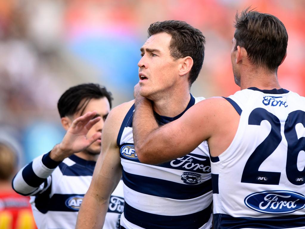 Jeremy Cameron is congratulated by teammates. Picture: Matt Roberts/AFL Photos/Getty Images