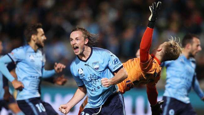 Rhyan Grant celebrates Siem de Jong’s goal. Picture: Brett Costello